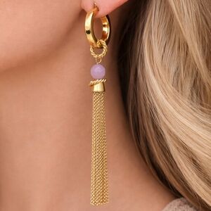Convertible Gold Tassel Statement Earrings | Genuine Amethyst | 1" Hoop 4” Drop